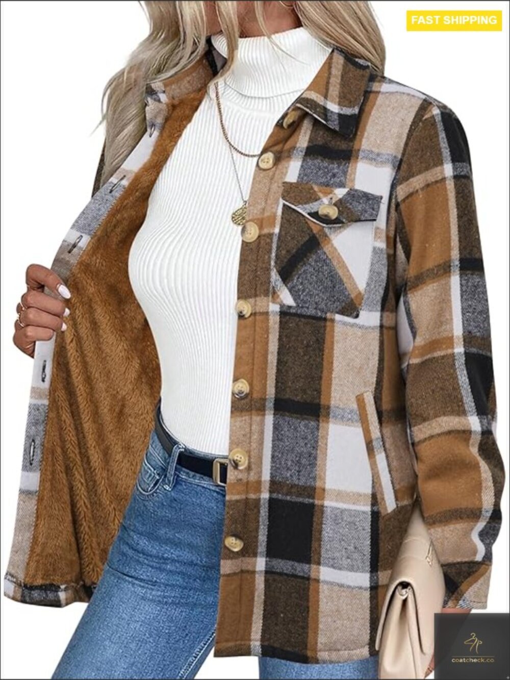 Sherpa Lined Flannel Shacket Long Sleeve Button Down Winter Jacket with Pockets